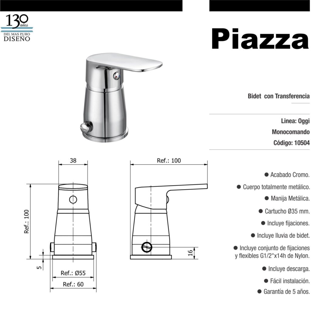 PIAZZA - OGGI - MONOCOMANDO BIDET CON TRANSFERENCIA 10504 - Imagen 2
