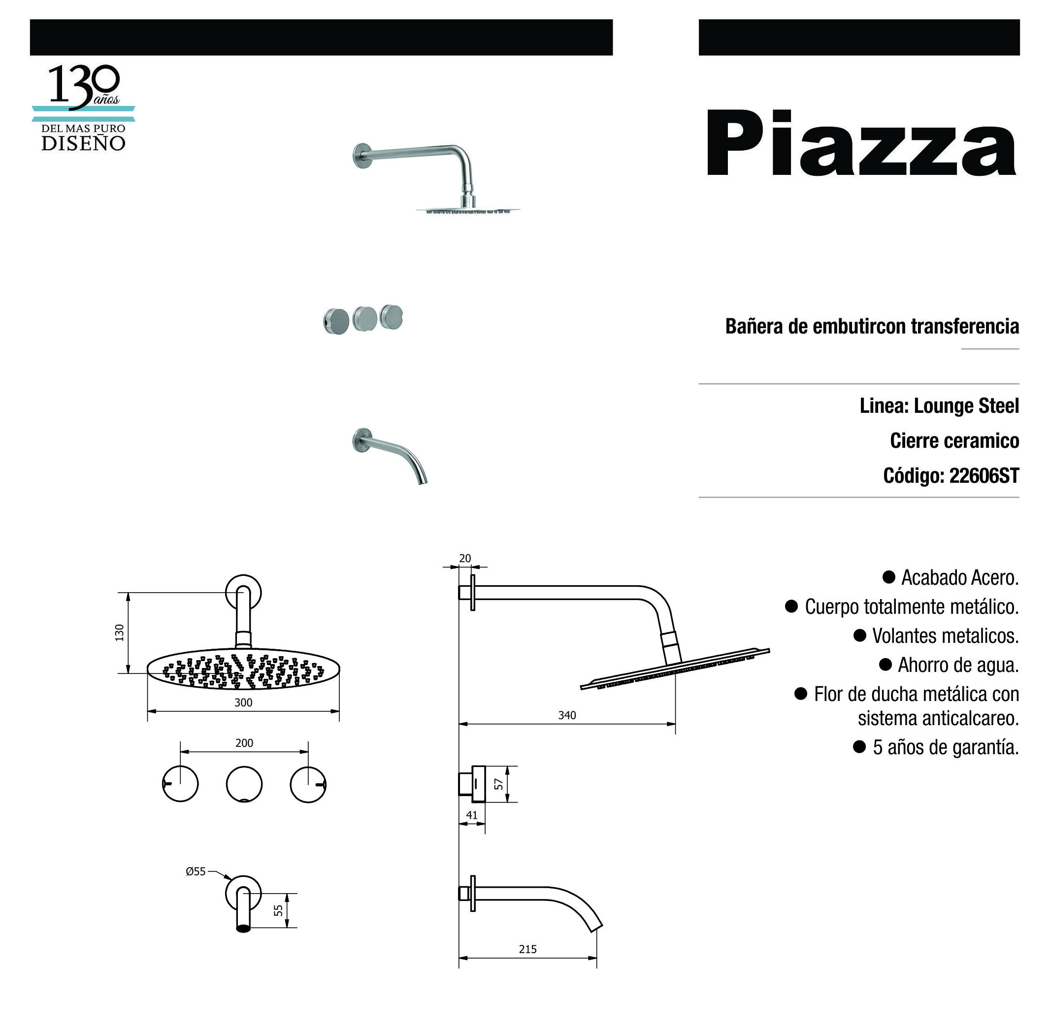 PIAZZA - LOUNGE STEEL - DUCHA DE EMBUTIR CON TRANSFERENCIA - Imagen 2